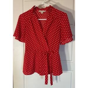 Monteau Red Polka Dot Short Sleeve Fit Flare Peplum top M